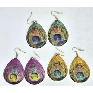 Peacock‎ Feather Earrings Teardrop Dangle Pierced Metallic Shimmer 2" Long (3)